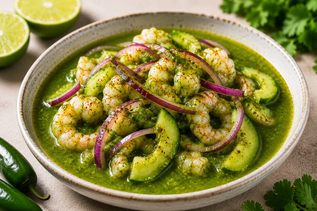 Fresh bowl of aguachile verde with shrimp, cucumber and red onion made to order