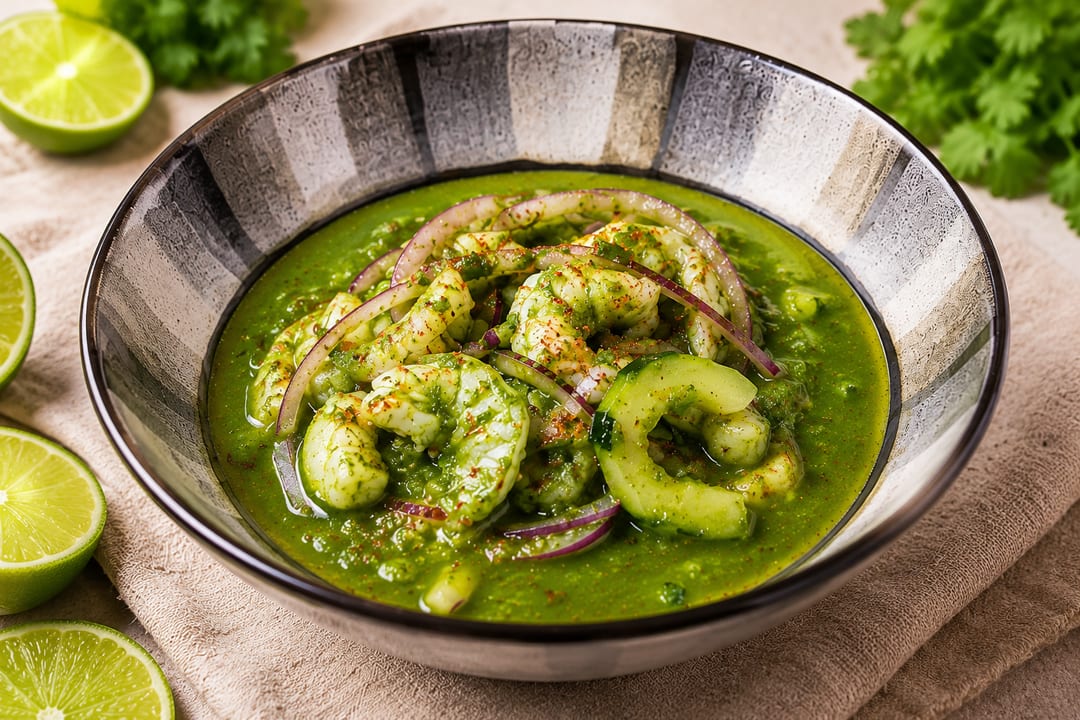 Custom Catering Orders — Shrimp aguachile verde in a ceramic bowl surrounded by fresh-cut limes and cilantro