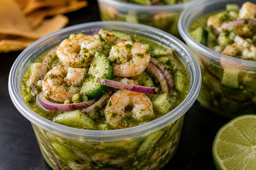 Aguachile to-go cups with shrimp and tortilla chips