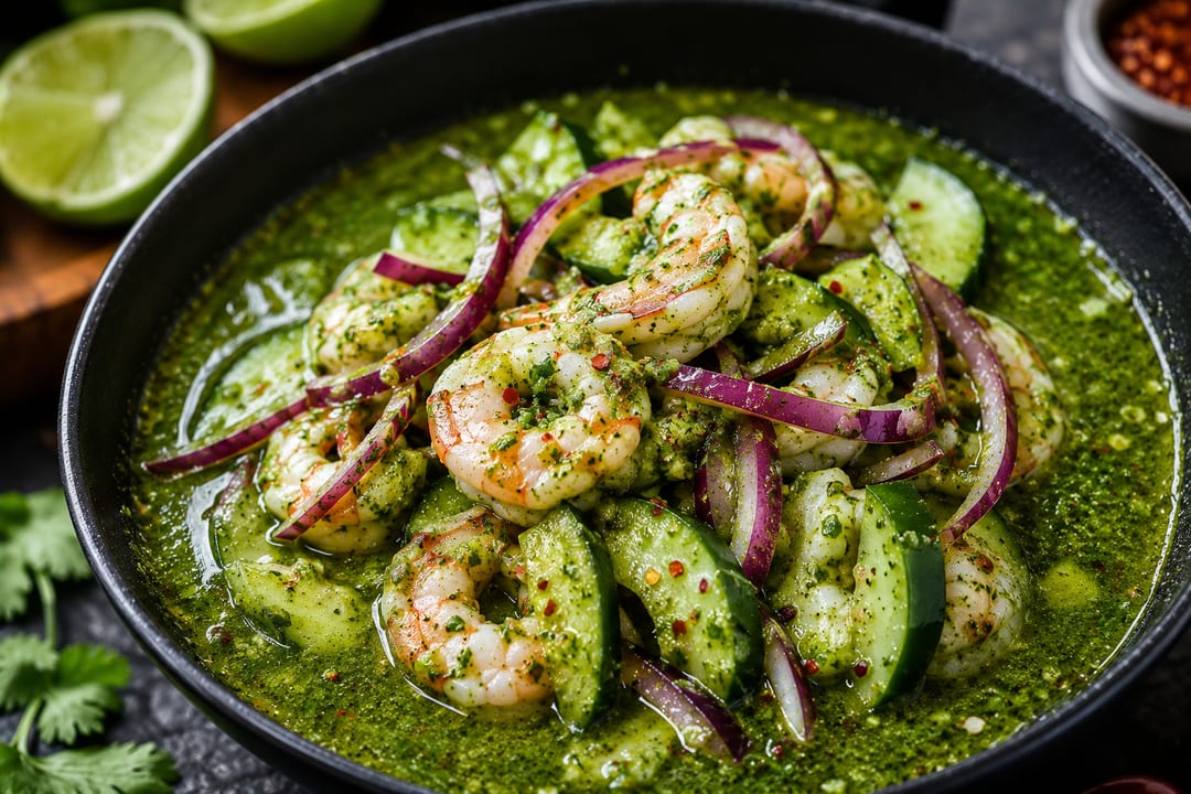 Close-up of shrimp aguachile verde with chili flakes
