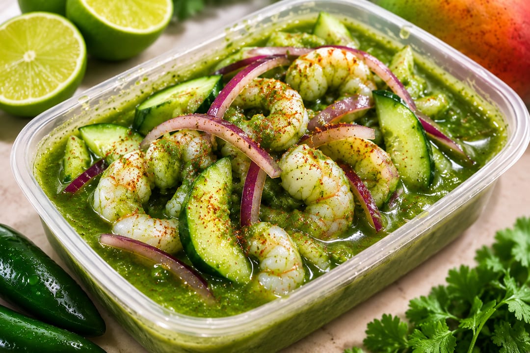Fresh aguachile verde catering container packed with shrimp, cucumber, red onion and chili, garnished with lime and jalapeño