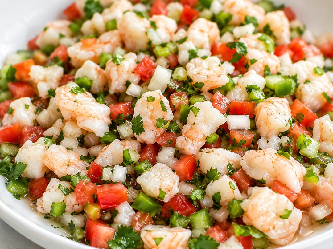 Shrimp Ceviche — Fresh shrimp ceviche with diced tomato, onion, jalapeño and cilantro in a white bowl